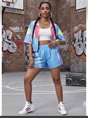 90s Retro Colorblock Short Sleeve Track Jacket & Shorts Set